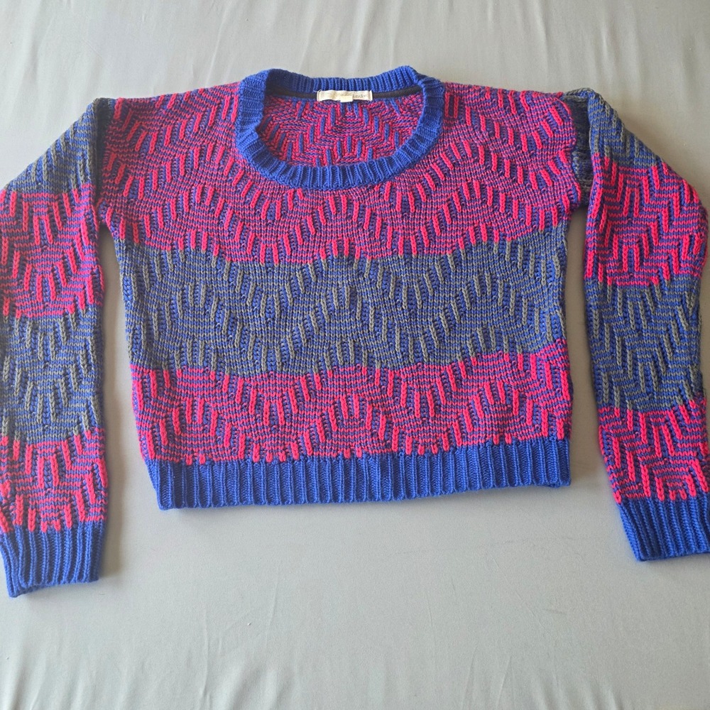 Rewind Women's Small Striped Knit Pullover Sweater Blue Pink geometric colorful